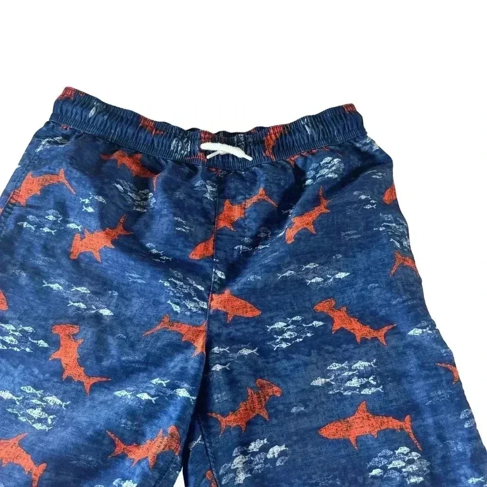 Land's End Boys Size L 14-16 Swimsuits Swim Shorts Trunks Blue Shark Drawstring